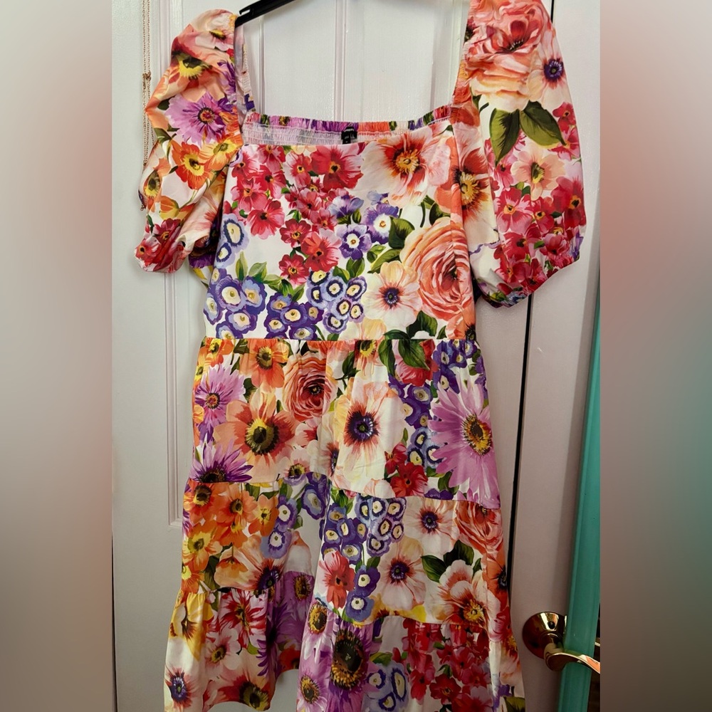 Express Floral Puff Sleeve Dress - Multicolor Xl